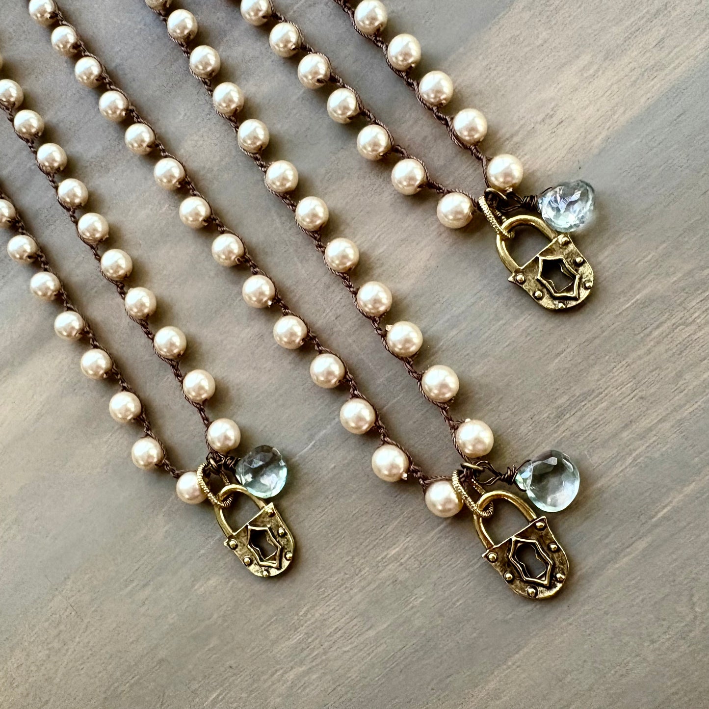 Faceted Green Quartz Drop & Golden Lock Charm Necklace With Glass Pearls