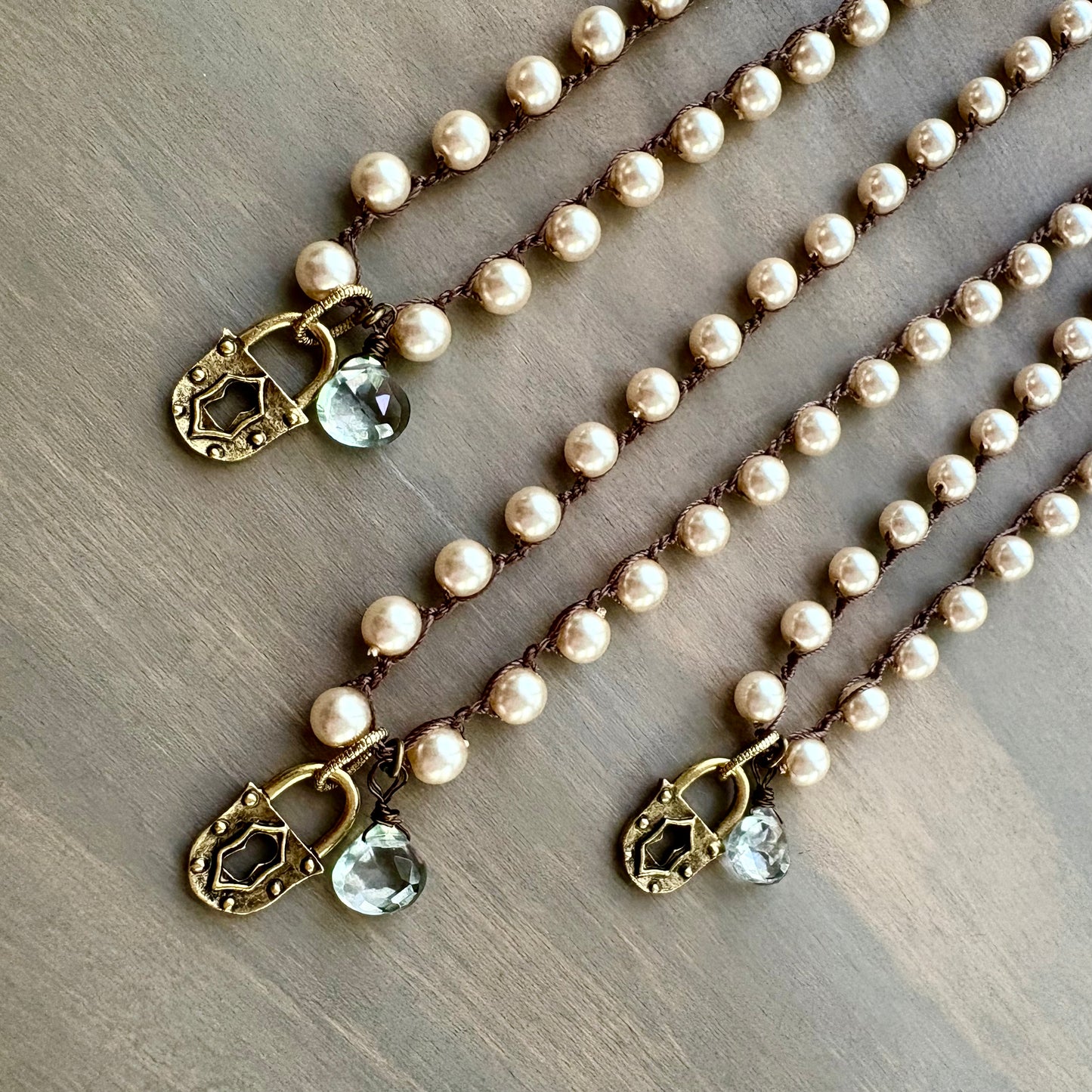 Faceted Green Quartz Drop & Golden Lock Charm Necklace With Glass Pearls