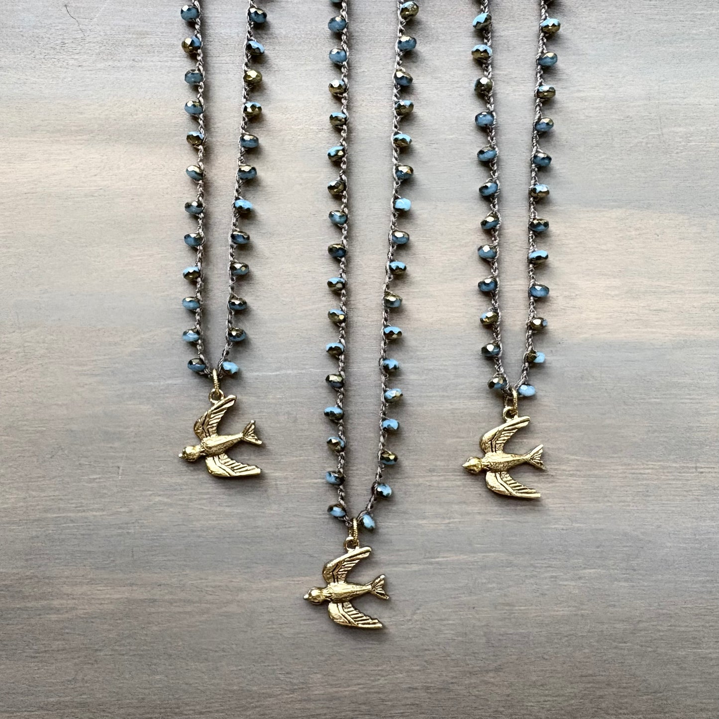 Golden Wing Fly Away Bird Crocheted Crystal Necklace