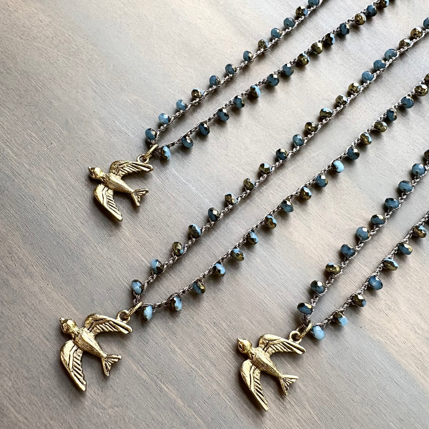 Golden Wing Fly Away Bird Crocheted Crystal Necklace