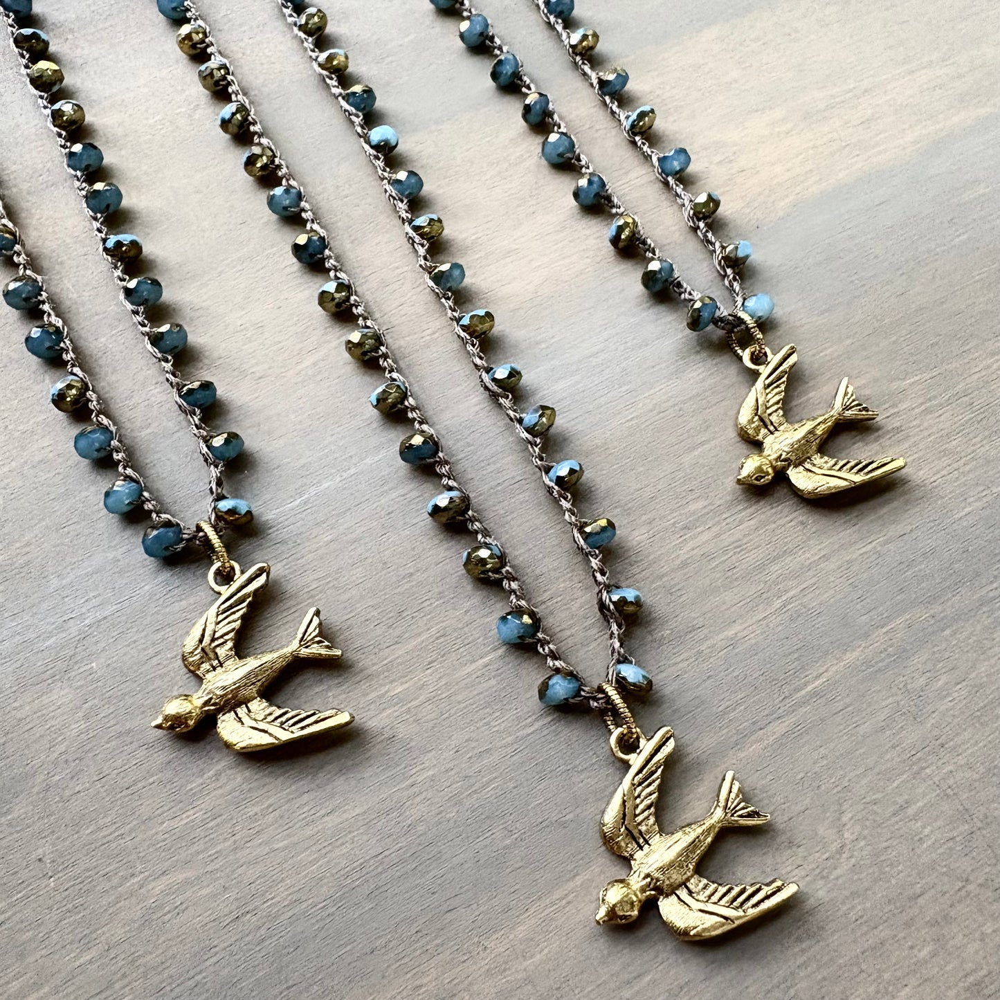 Golden Wing Fly Away Bird Crocheted Crystal Necklace