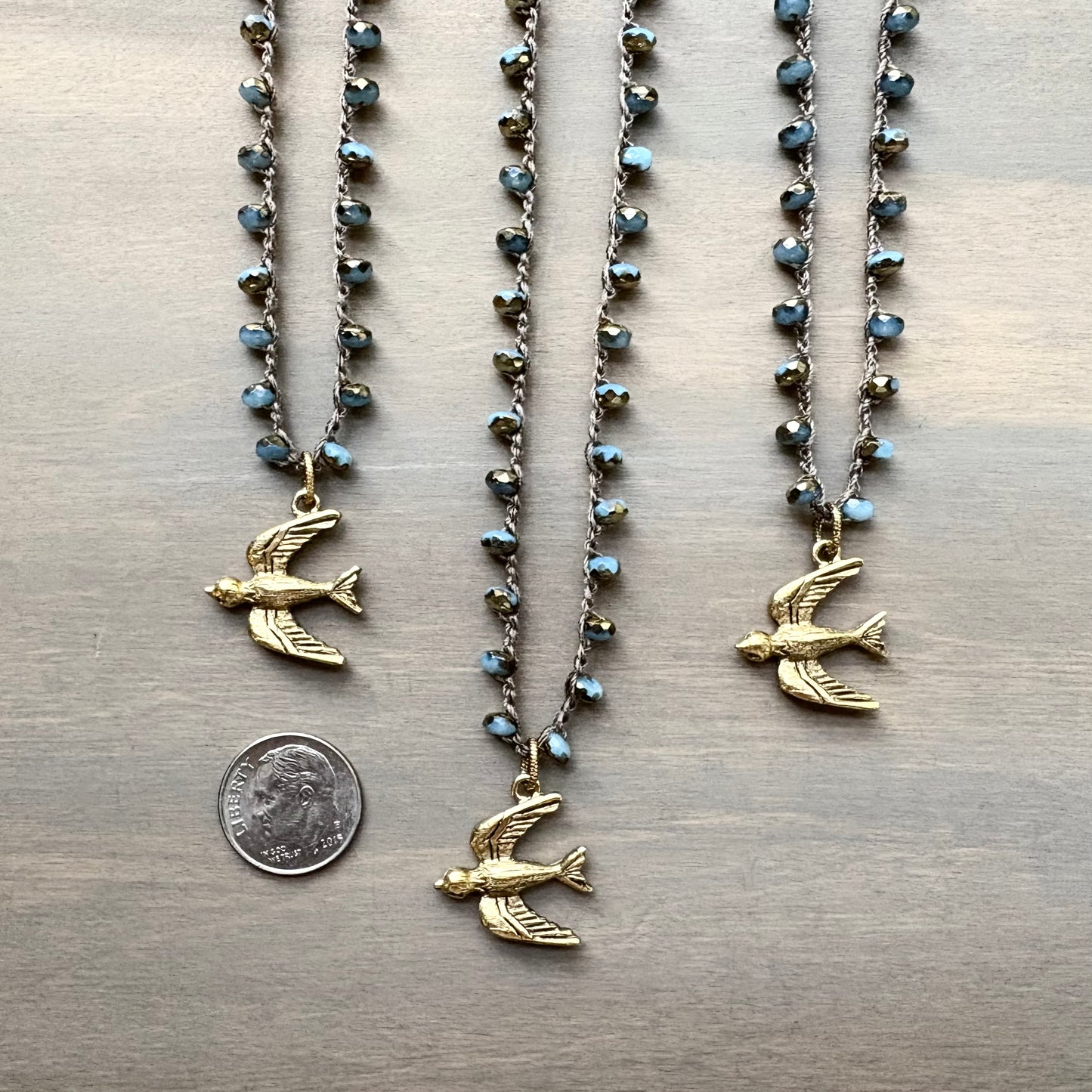 Golden Wing Fly Away Bird Crocheted Crystal Necklace