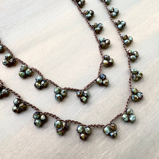 Evergreen Crystal Droplet Crocheted Necklace