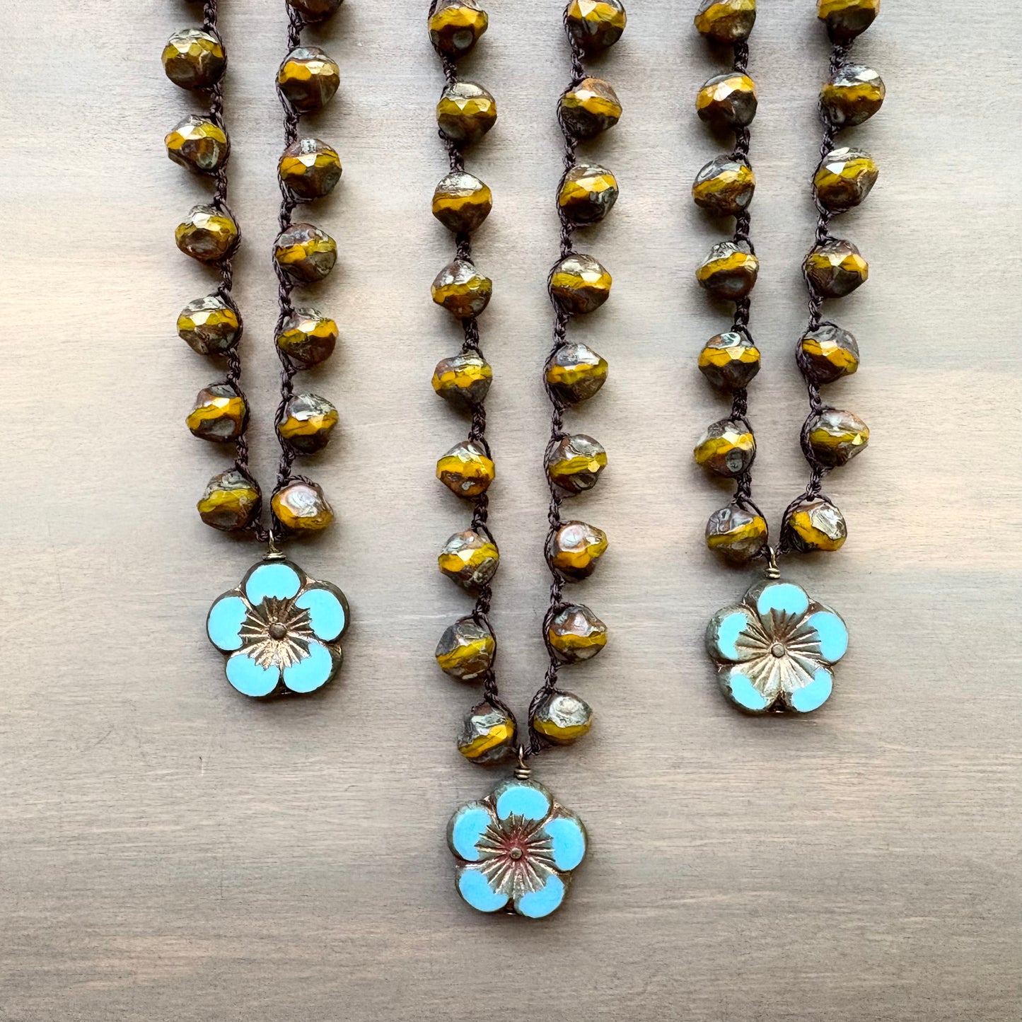 Marigold Crystal With Cornflower Blue Flower Pendant Crocheted Necklace