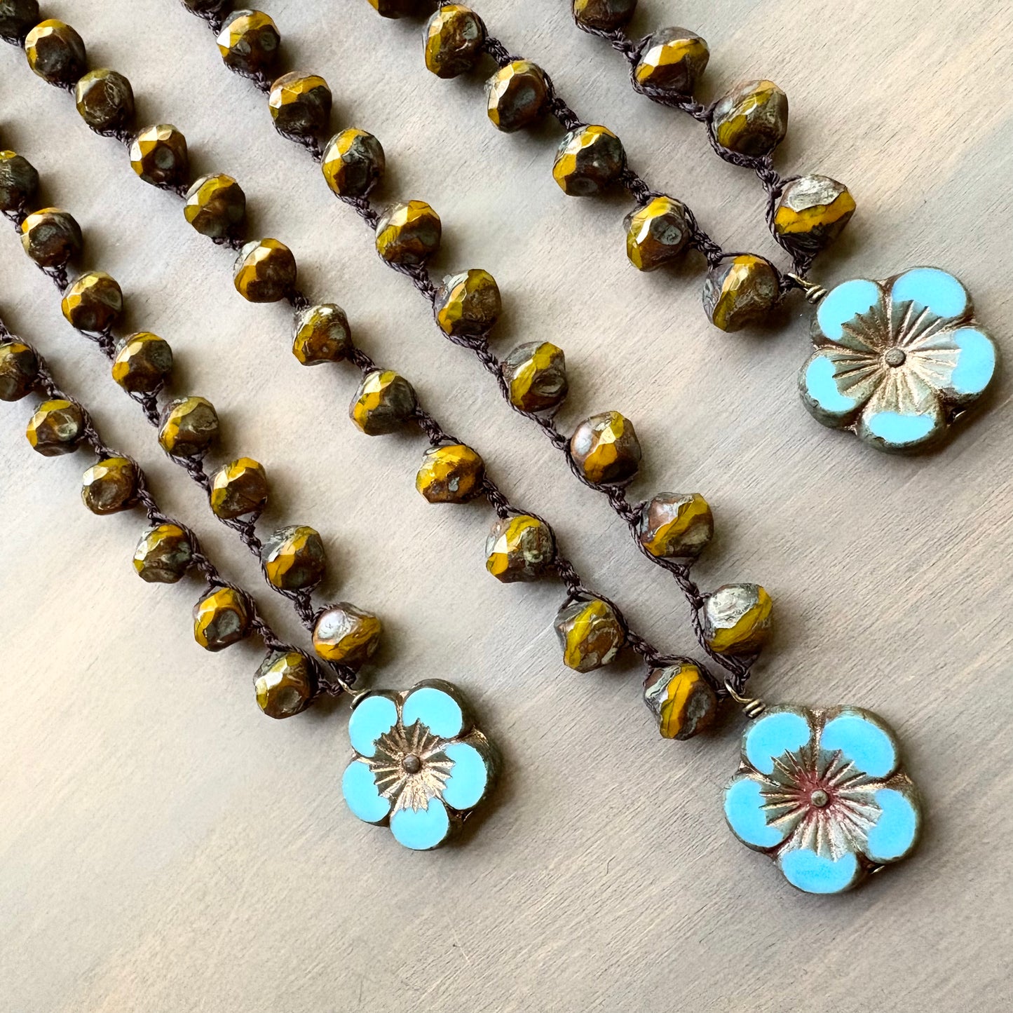 Marigold Crystal With Cornflower Blue Flower Pendant Crocheted Necklace