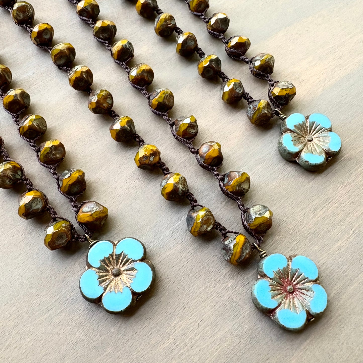 Marigold Crystal With Cornflower Blue Flower Pendant Crocheted Necklace