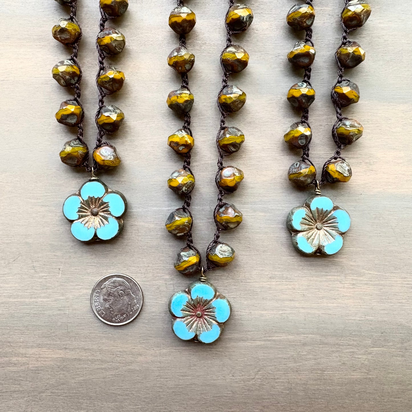 Marigold Crystal With Cornflower Blue Flower Pendant Crocheted Necklace