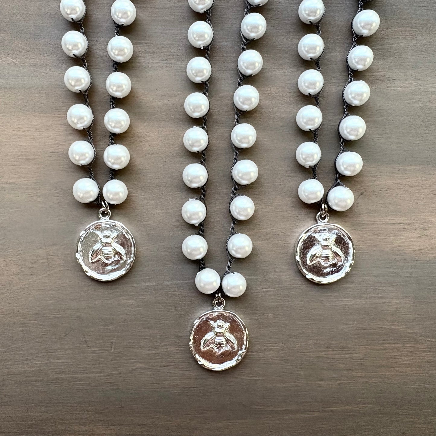 Silver Honey Bee Charm Necklace With Crocheted Glass Pearl Strand