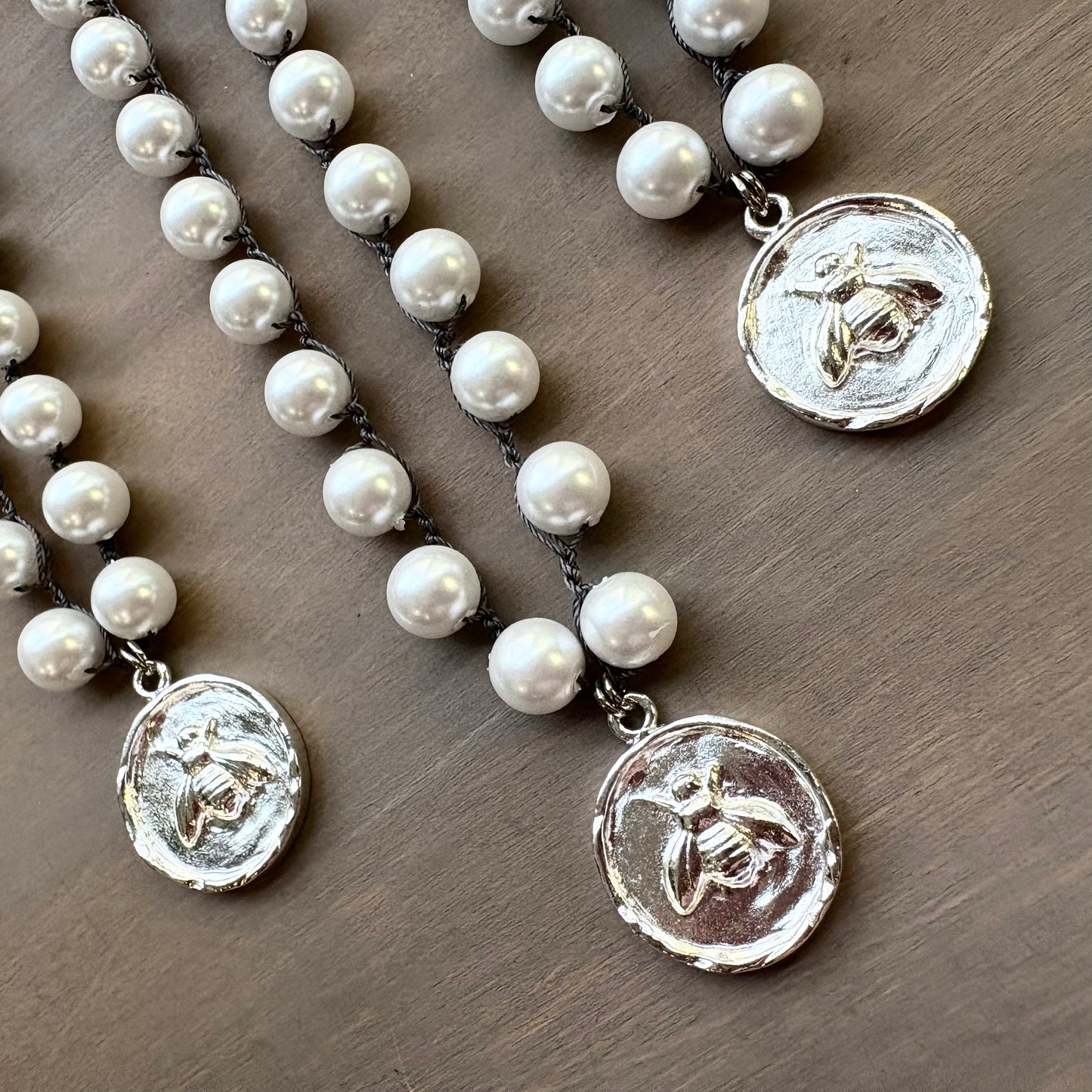 Silver Honey Bee Charm Necklace With Crocheted Glass Pearl Strand