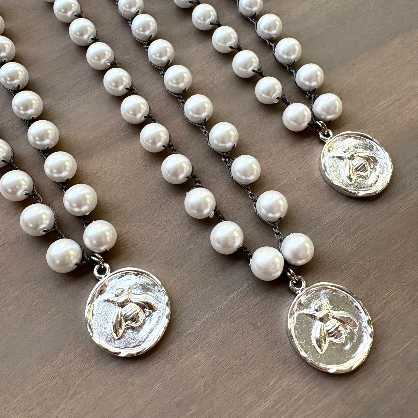 Silver Honey Bee Charm Necklace With Crocheted Glass Pearl Strand