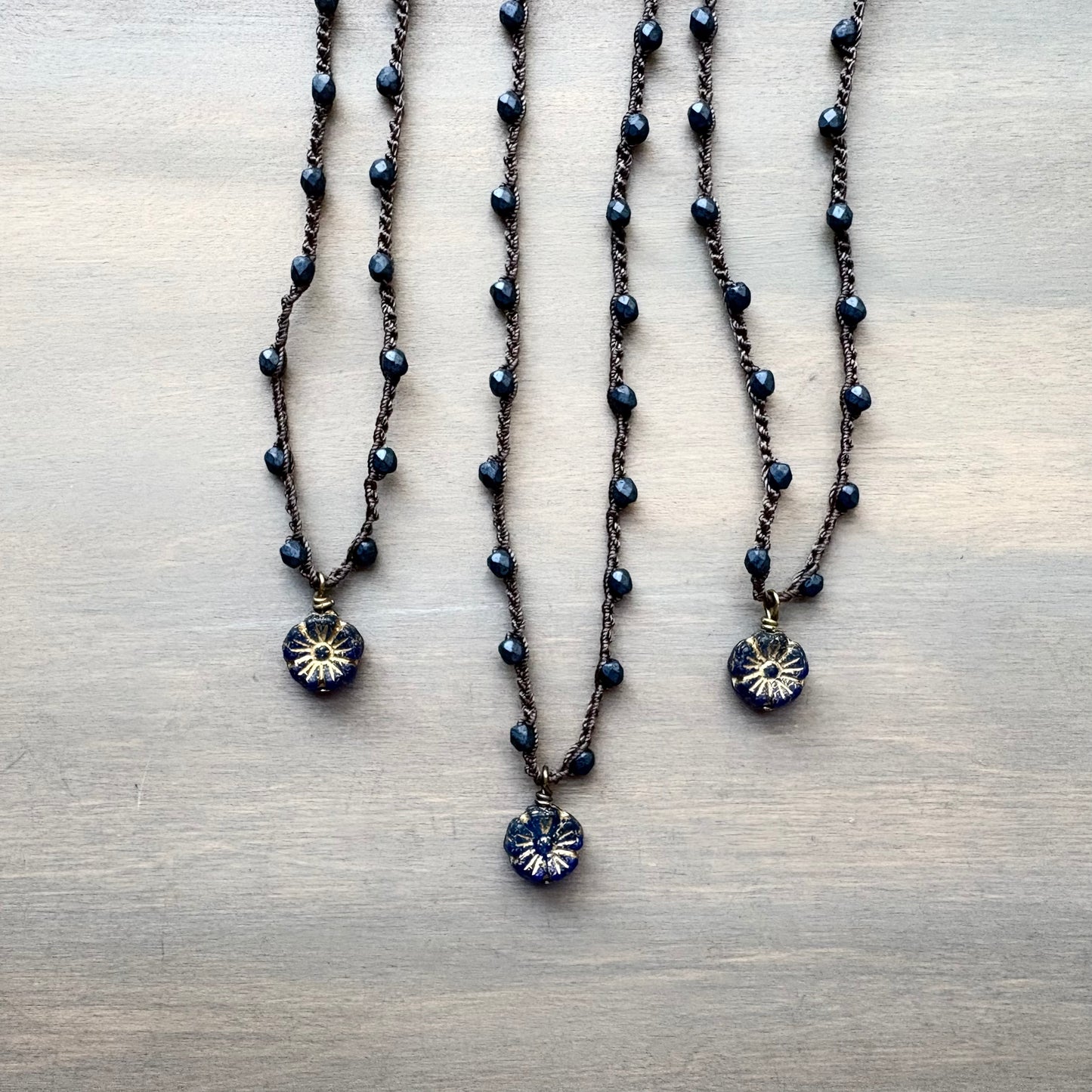 Antique Indigo Dainty Flower Necklace Blue Crystal