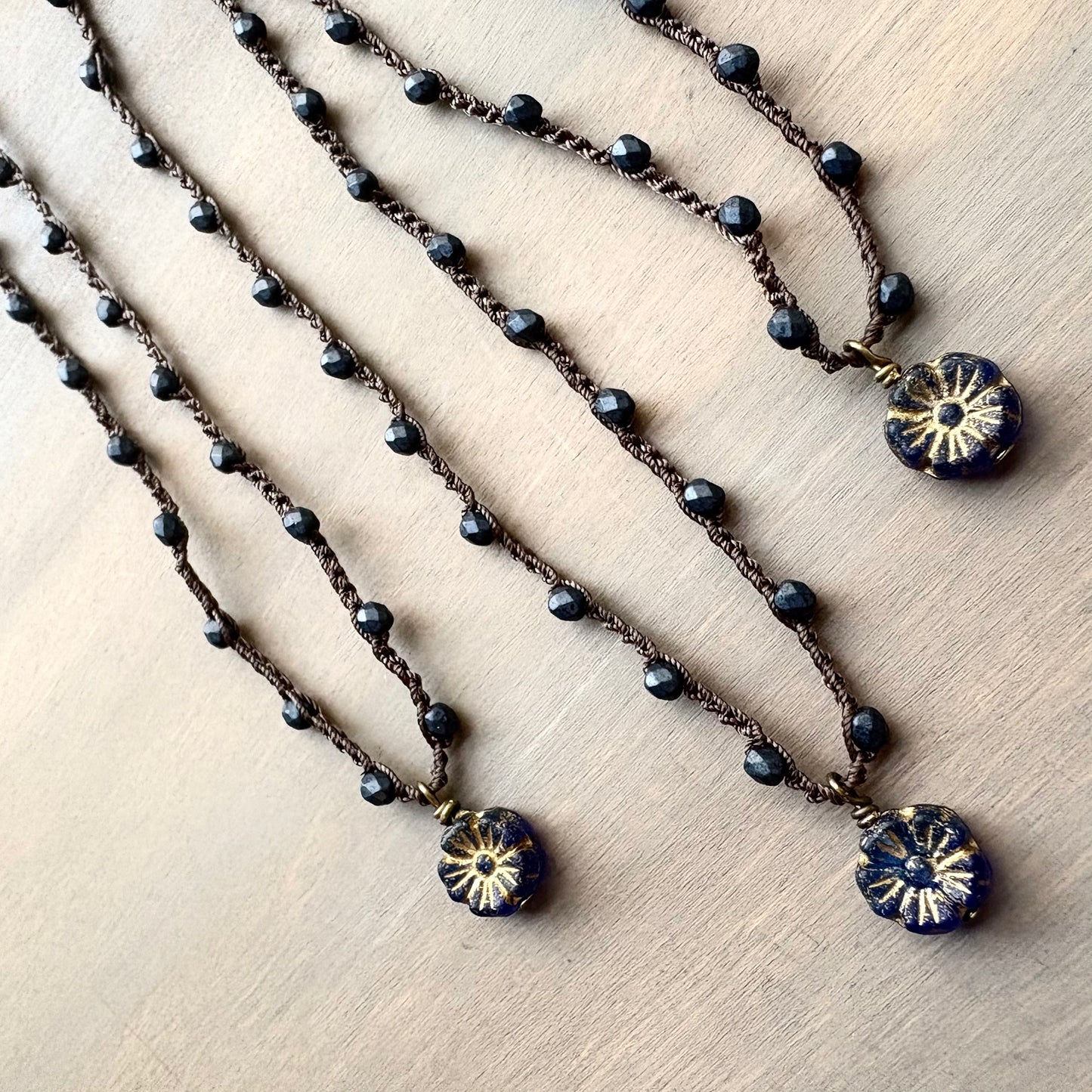 Antique Indigo Dainty Flower Necklace Blue Crystal