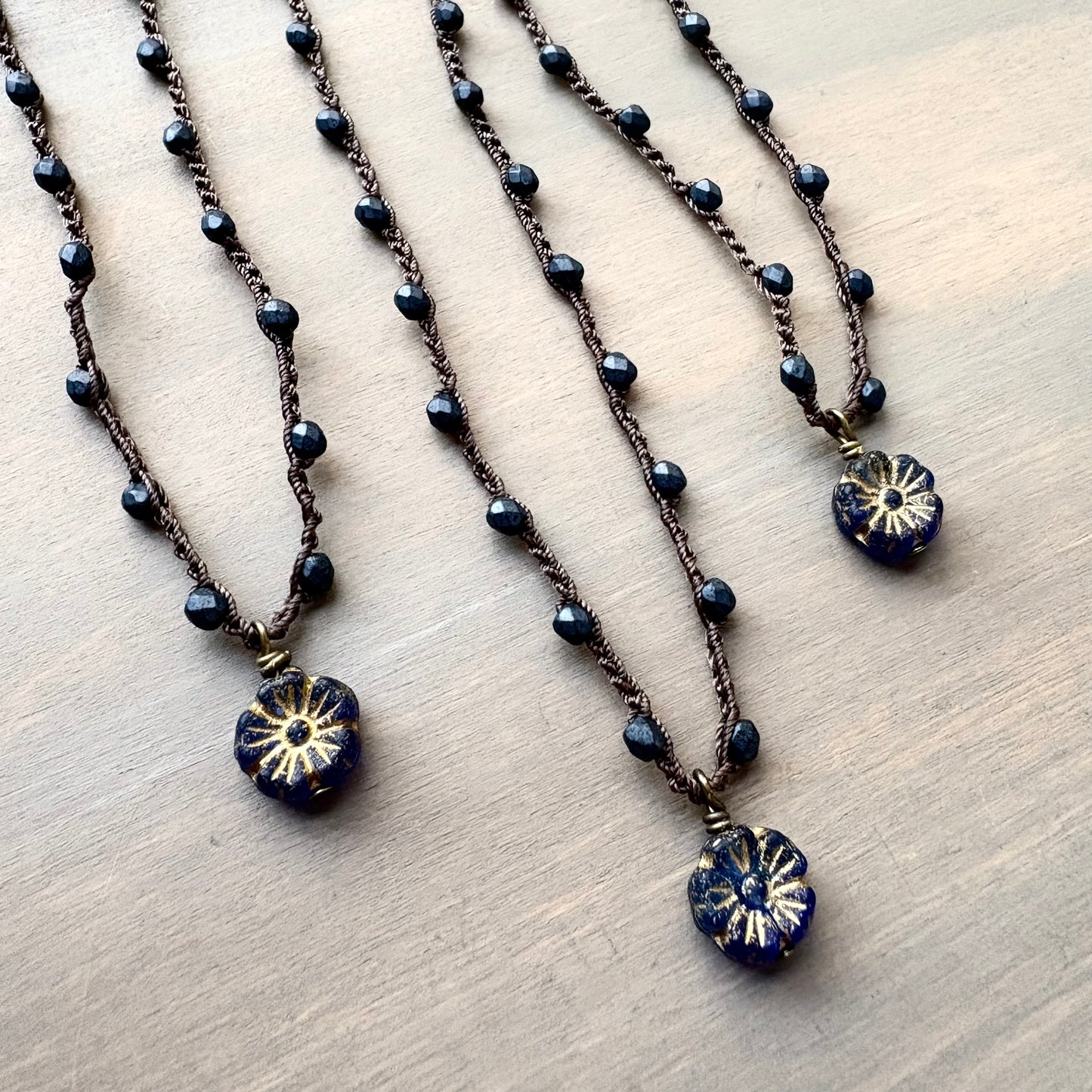 Antique Indigo Dainty Flower Necklace Blue Crystal