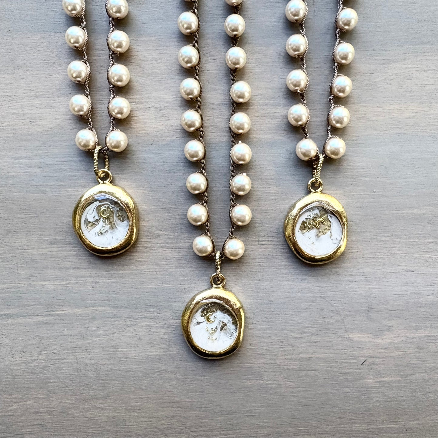 Galactic Moon Bubble Portal Pendant on Crocheted Glass Pearl Strand