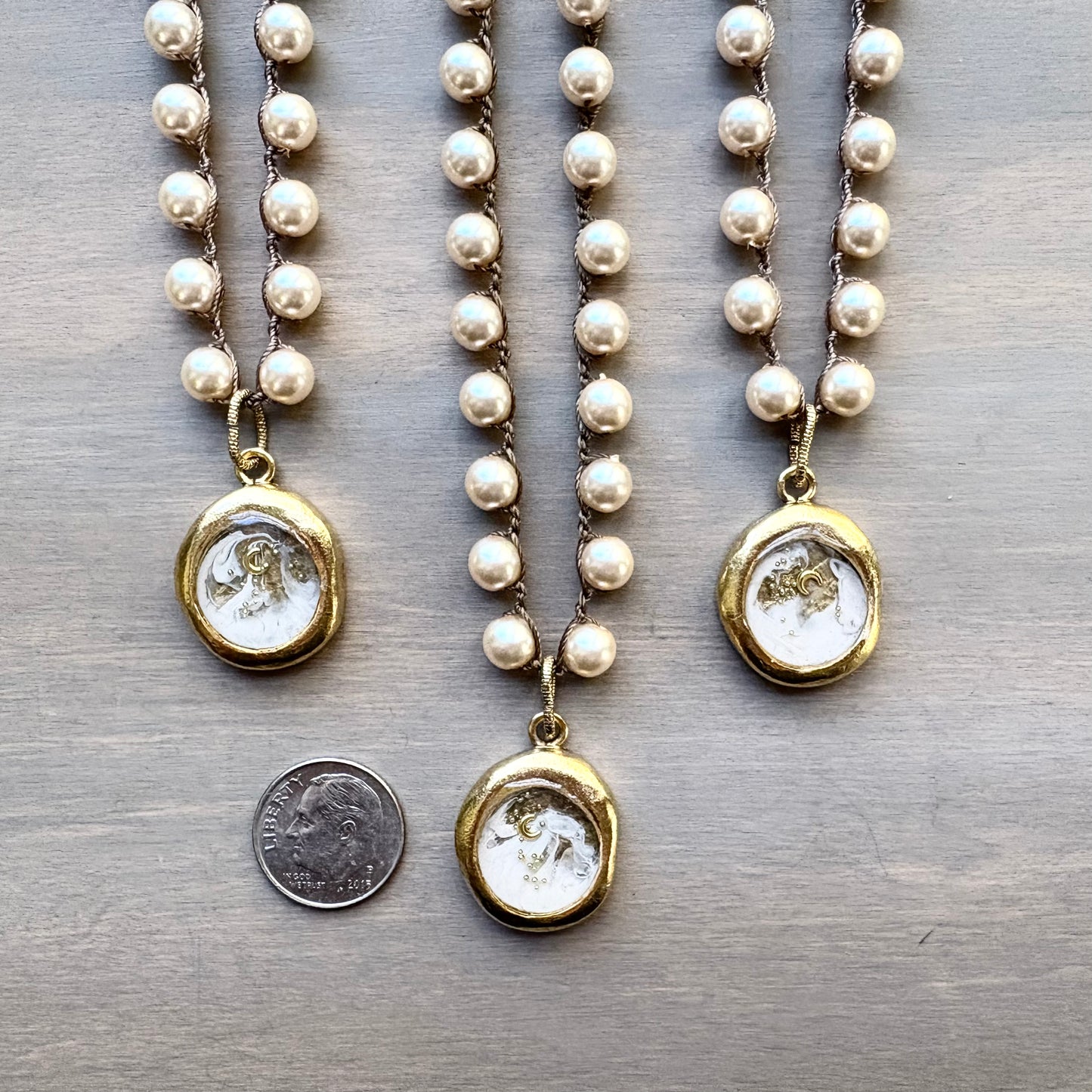 Galactic Moon Bubble Portal Pendant on Crocheted Glass Pearl Strand