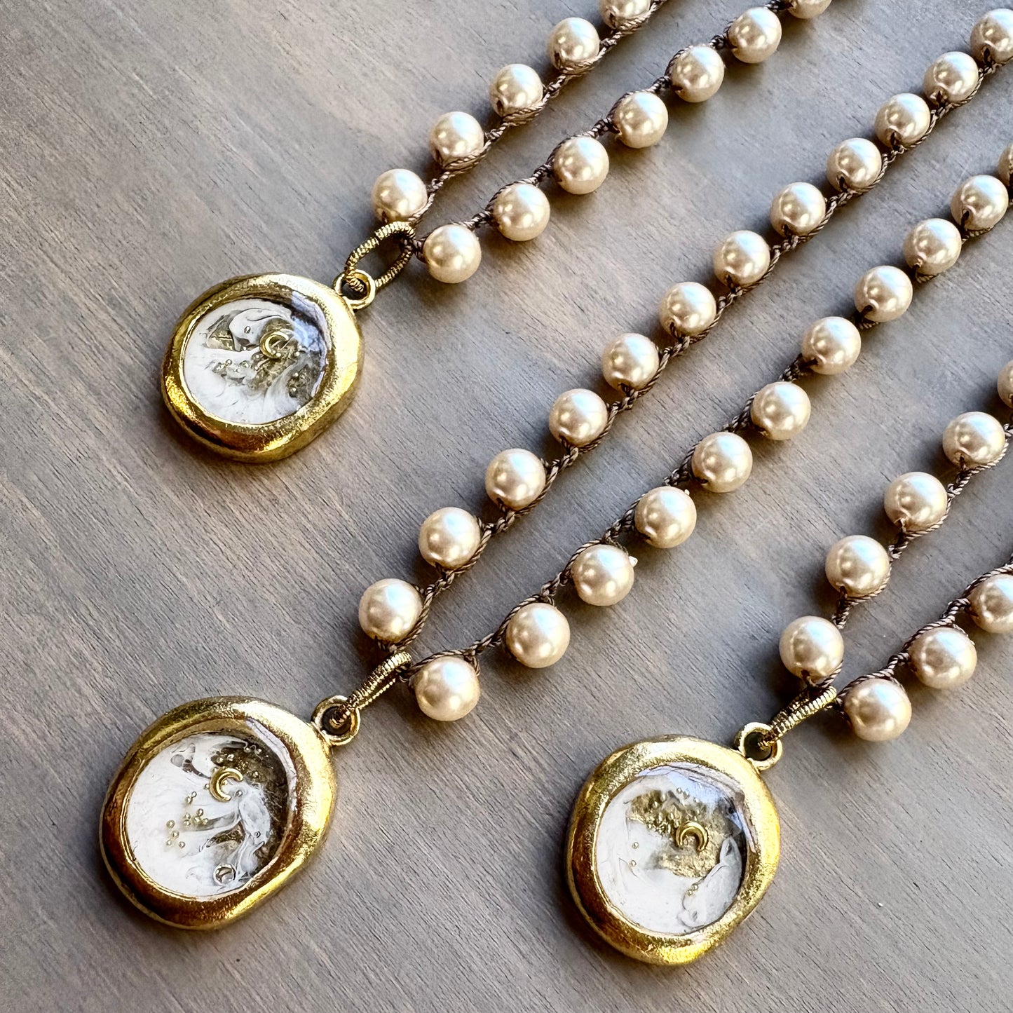 Galactic Moon Bubble Portal Pendant on Crocheted Glass Pearl Strand