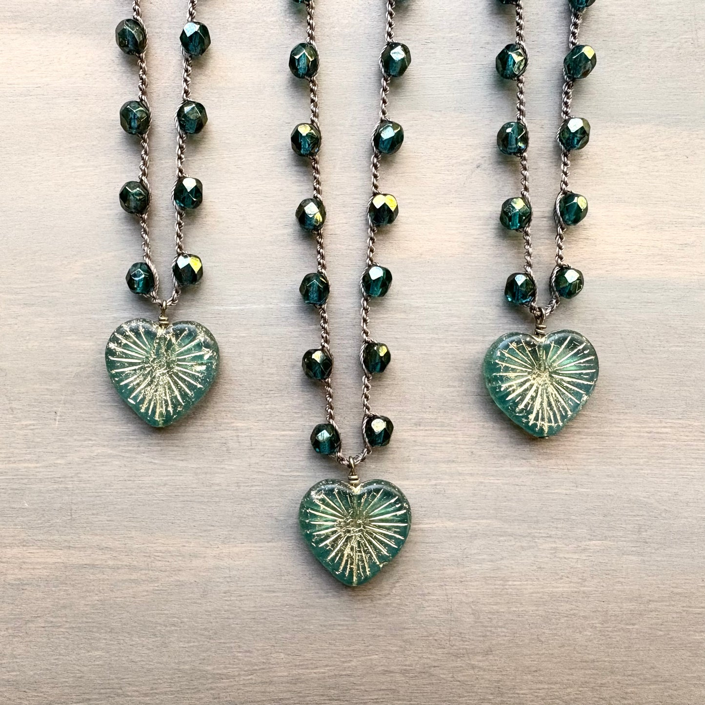 Golden Teal Green Heart of Pine Rustic Necklace With Faceted Crystal