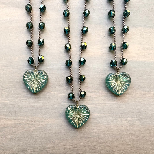 Golden Teal Green Heart of Pine Rustic Necklace With Faceted Crystal