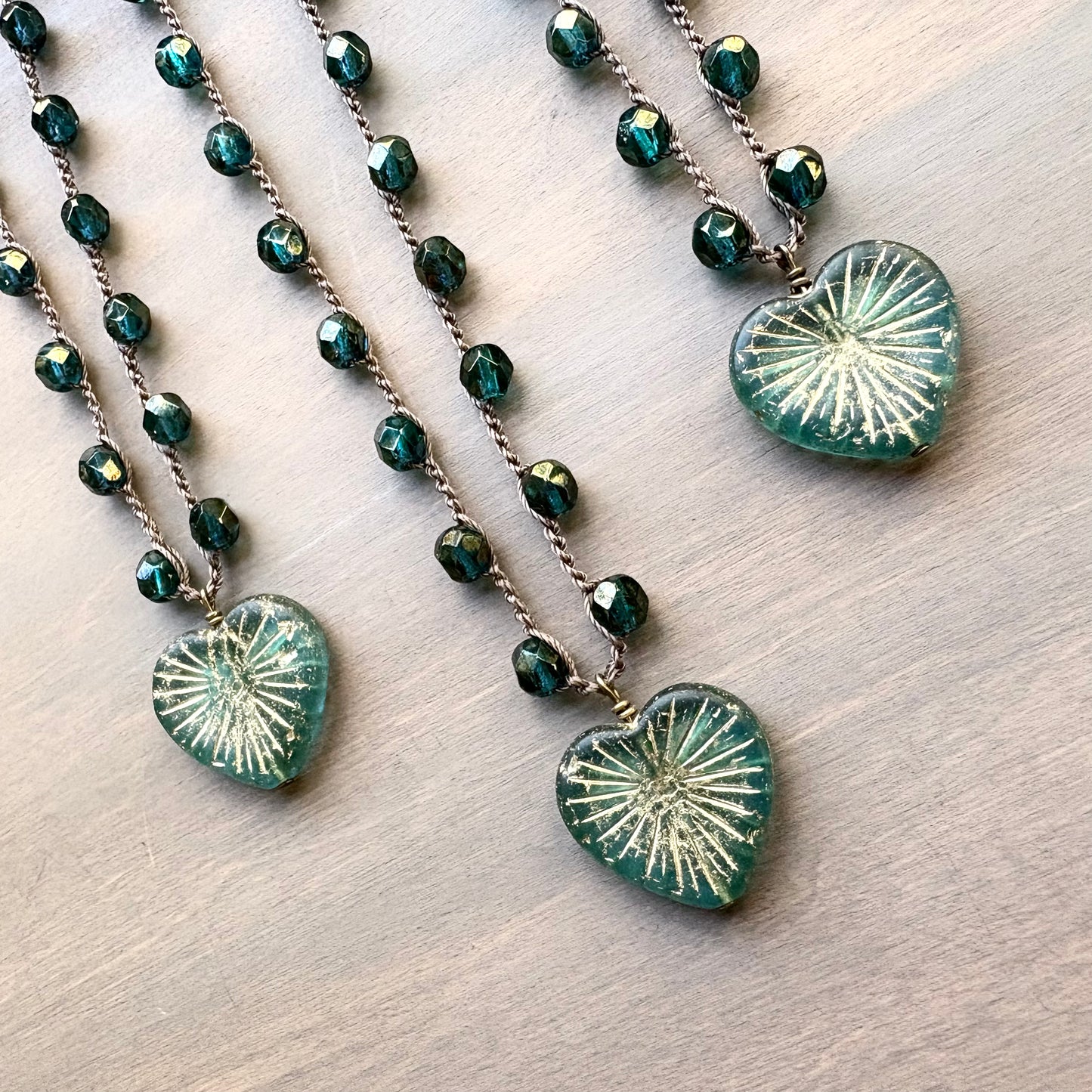 Golden Teal Green Heart of Pine Rustic Necklace With Faceted Crystal