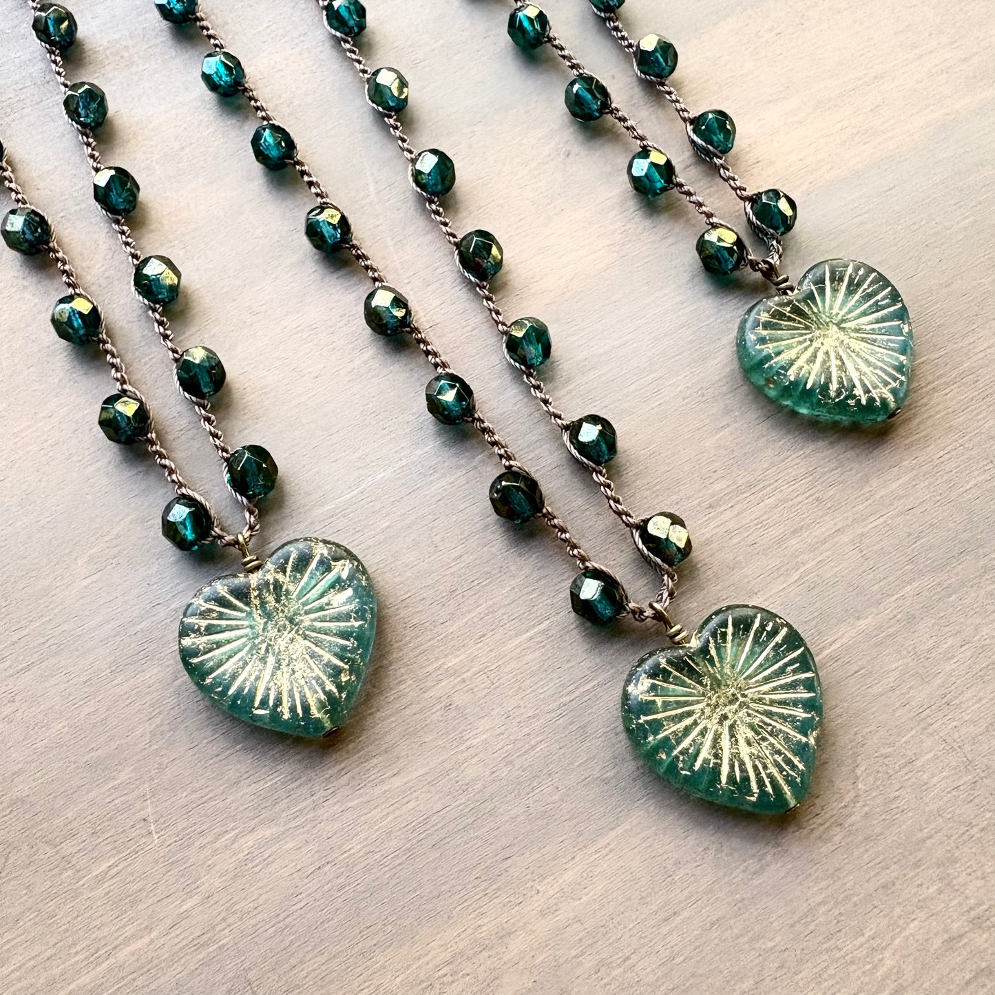 Golden Teal Green Heart of Pine Rustic Necklace With Faceted Crystal