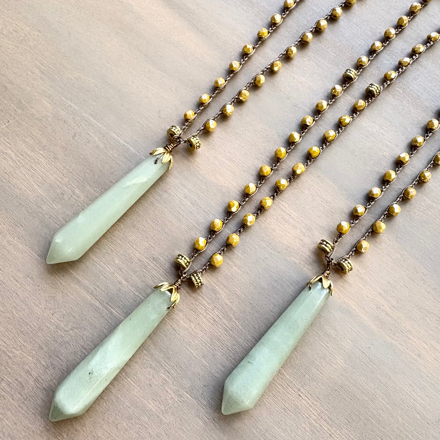 Marigold Czech Crystal Crocheted Necklace with Aventurine Stone Point Pendant