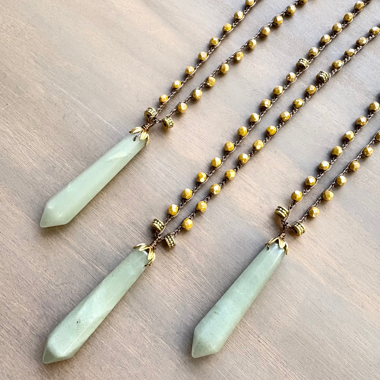 Marigold Czech Crystal Crocheted Necklace with Aventurine Stone Point Pendant