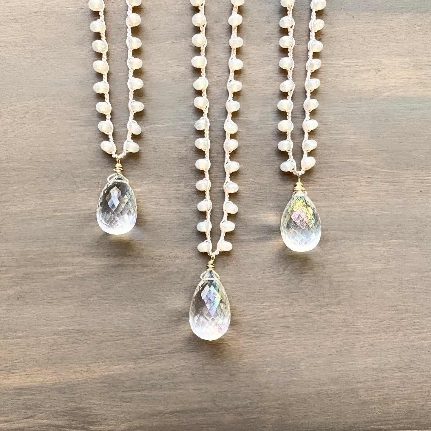 Faceted Quartz Seashell Frost Crocheted Necklace with Czech Crystal