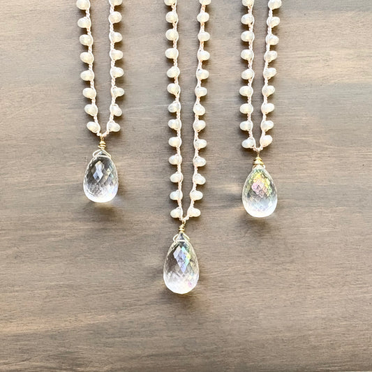 Faceted Quartz Seashell Frost Crocheted Necklace with Czech Crystal