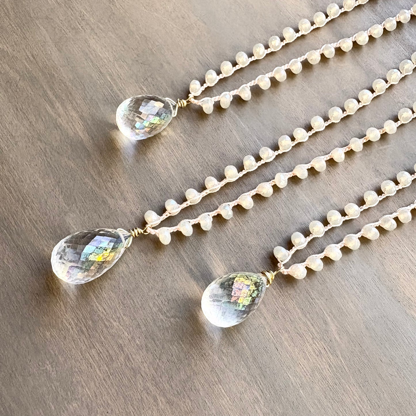 Faceted Quartz Seashell Frost Crocheted Necklace with Czech Crystal