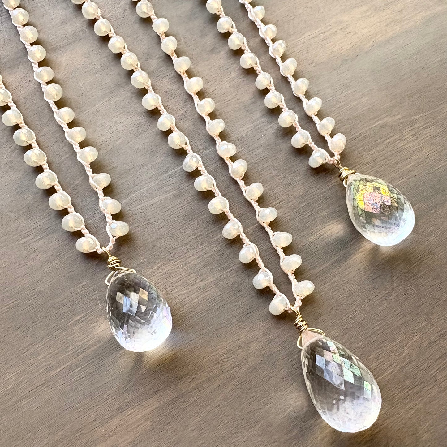 Faceted Quartz Seashell Frost Crocheted Necklace with Czech Crystal