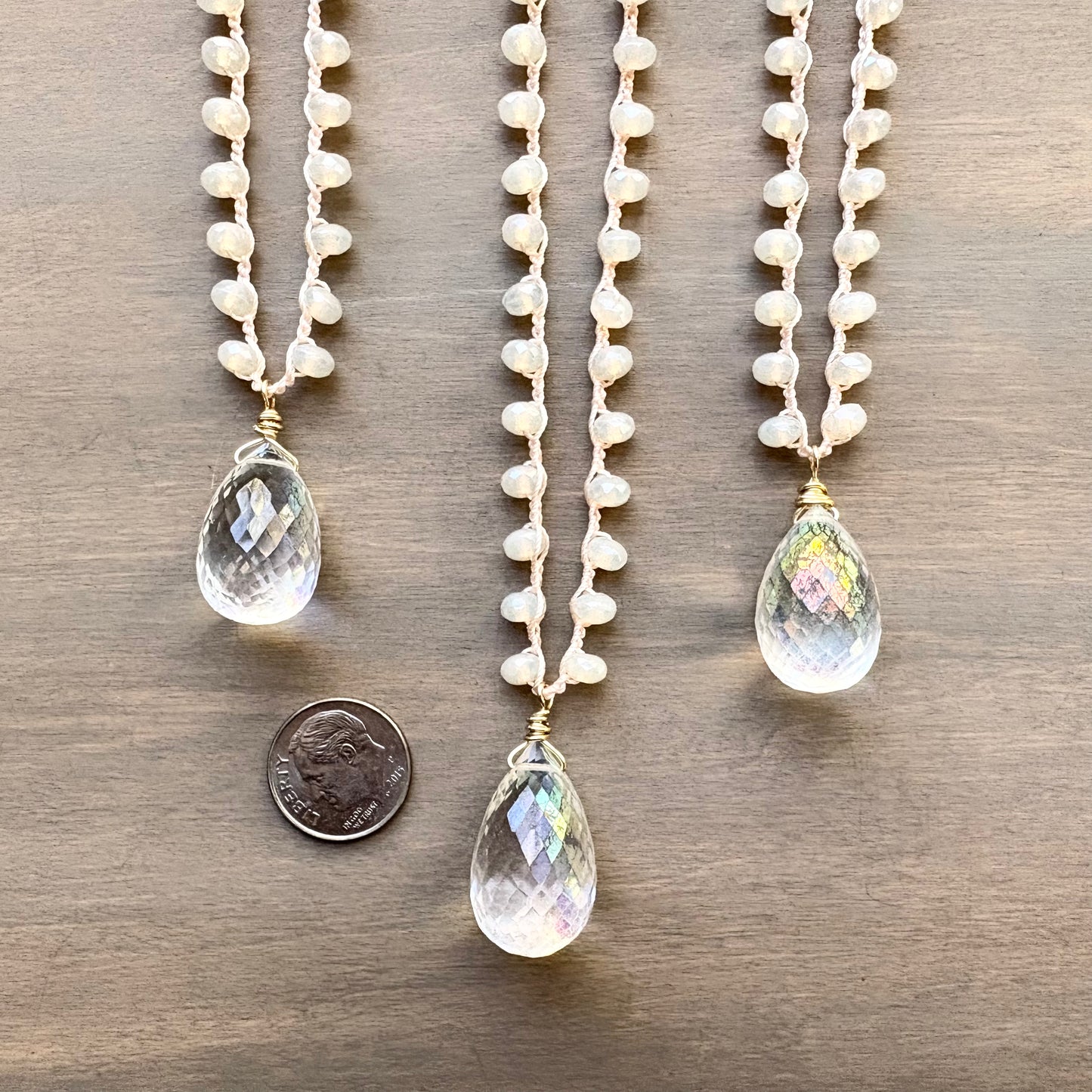 Faceted Quartz Seashell Frost Crocheted Necklace with Czech Crystal