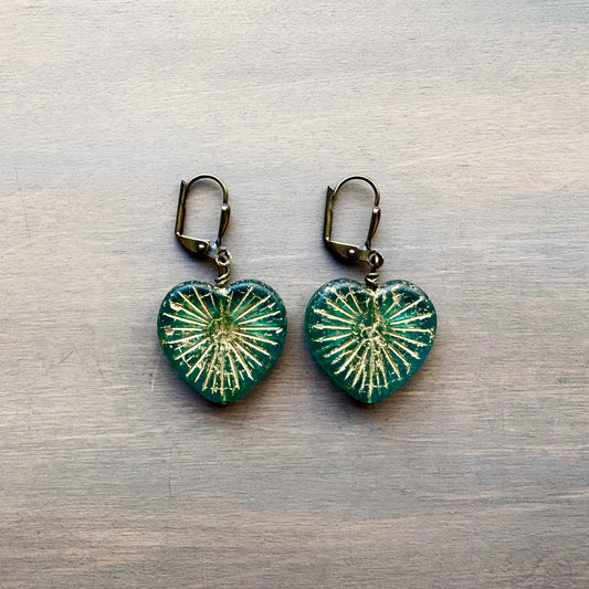 Rustic Heart Of Pine Earrings In Green With Gold Wash