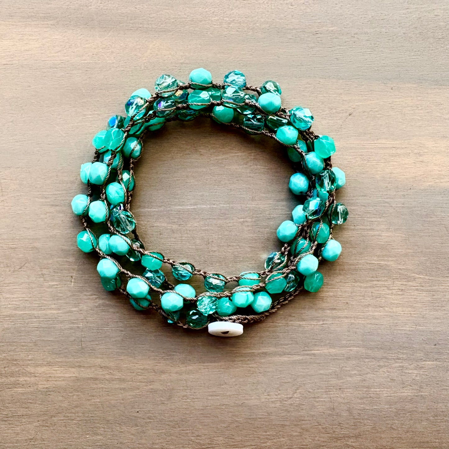 Aqua Mix Crystal Long Layering Crocheted Necklace