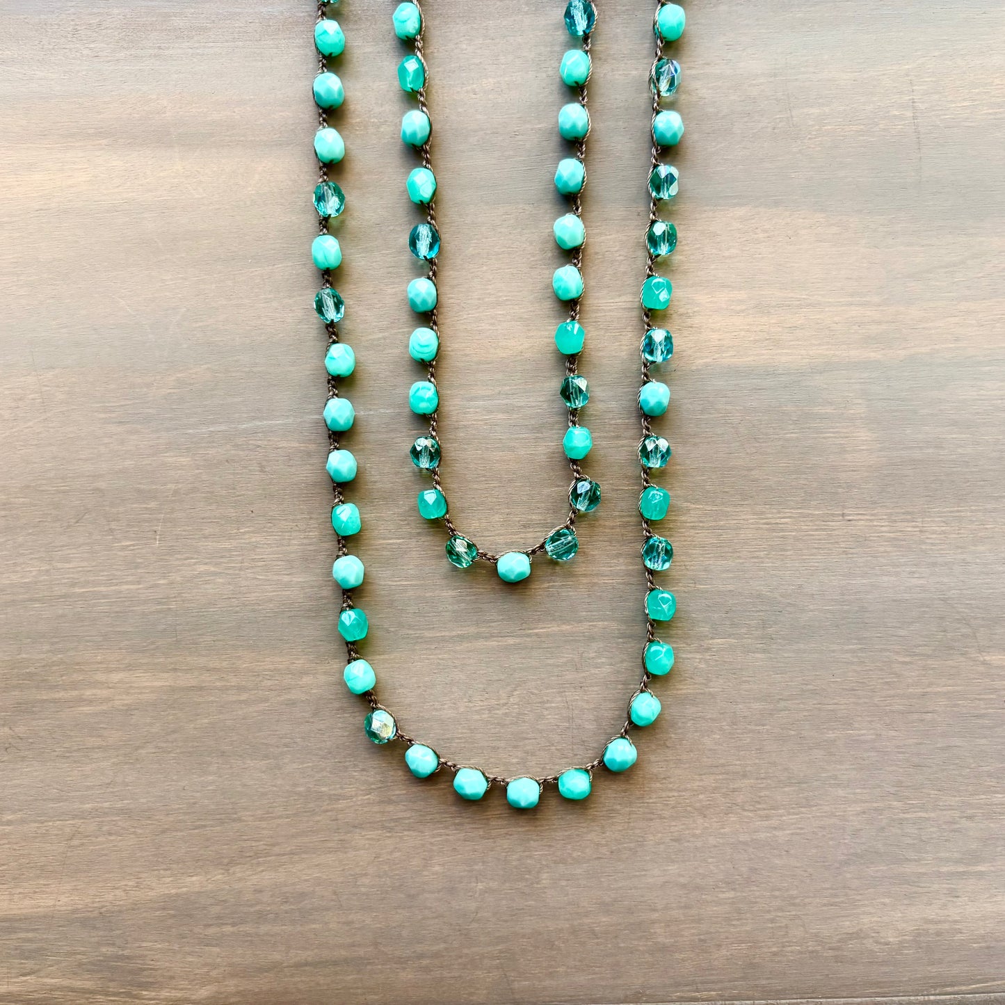 Aqua Mix Crystal Long Layering Crocheted Necklace
