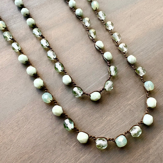 Soft Minty Greens Long Crystal Necklace To Wear Long or Wrapped