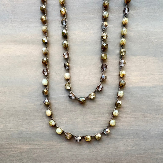 Warm Neutral Shades Long Crystal Necklace To Wear Long or Wrapped