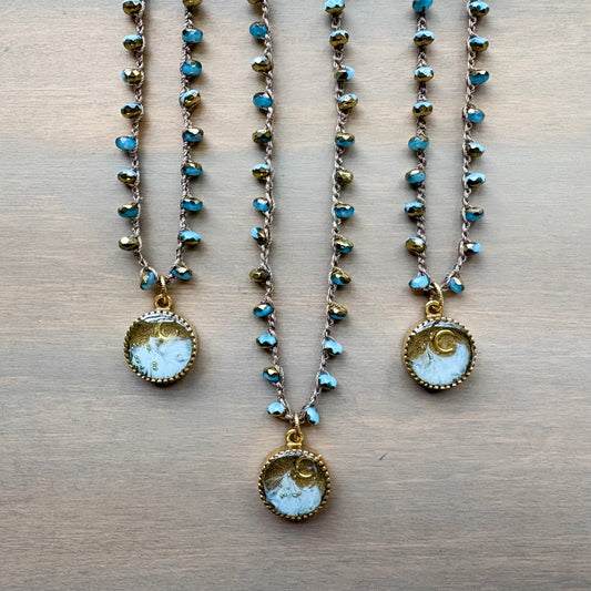 Rising Moon Mountain Portal Pendant And Crocheted Crystal Necklace