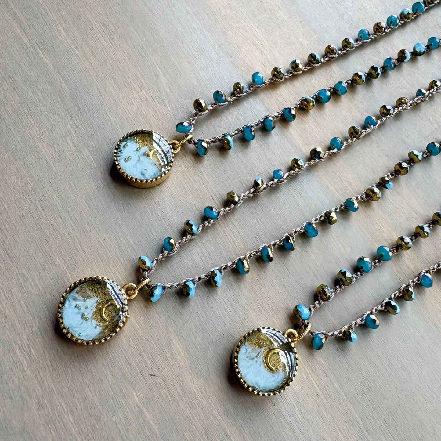 Rising Moon Mountain Portal Pendant And Crocheted Crystal Necklace