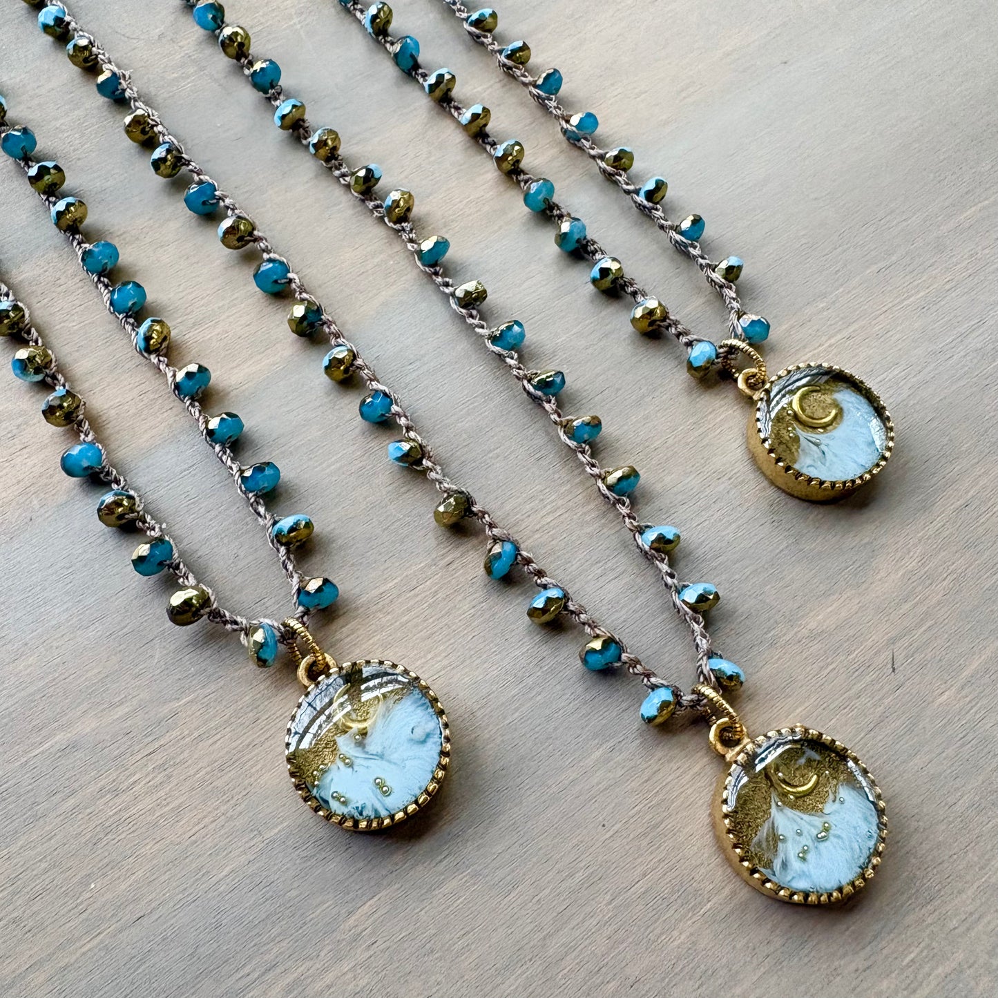 Rising Moon Mountain Portal Pendant And Crocheted Crystal Necklace