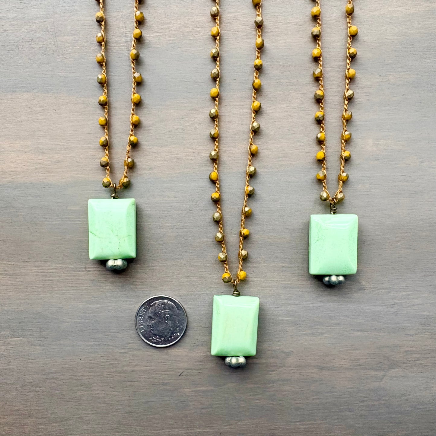 Faceted Chrysoprase Stone Pendant Necklace With Crocheted Marigold Crystal