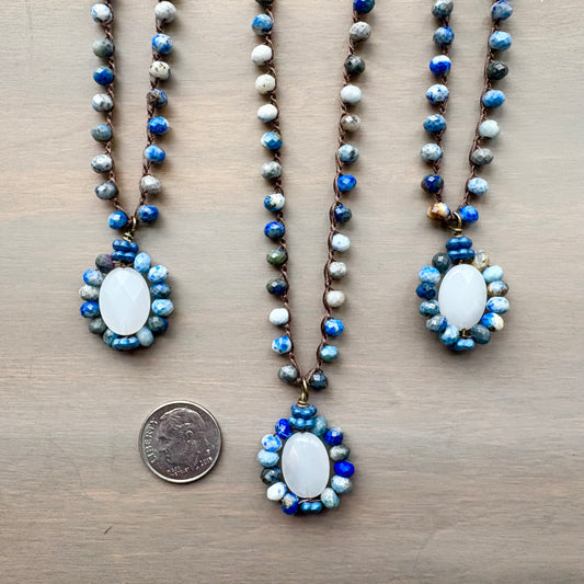 Faceted Blue Agate Stone Necklace With Handmade White Quartz Pendant