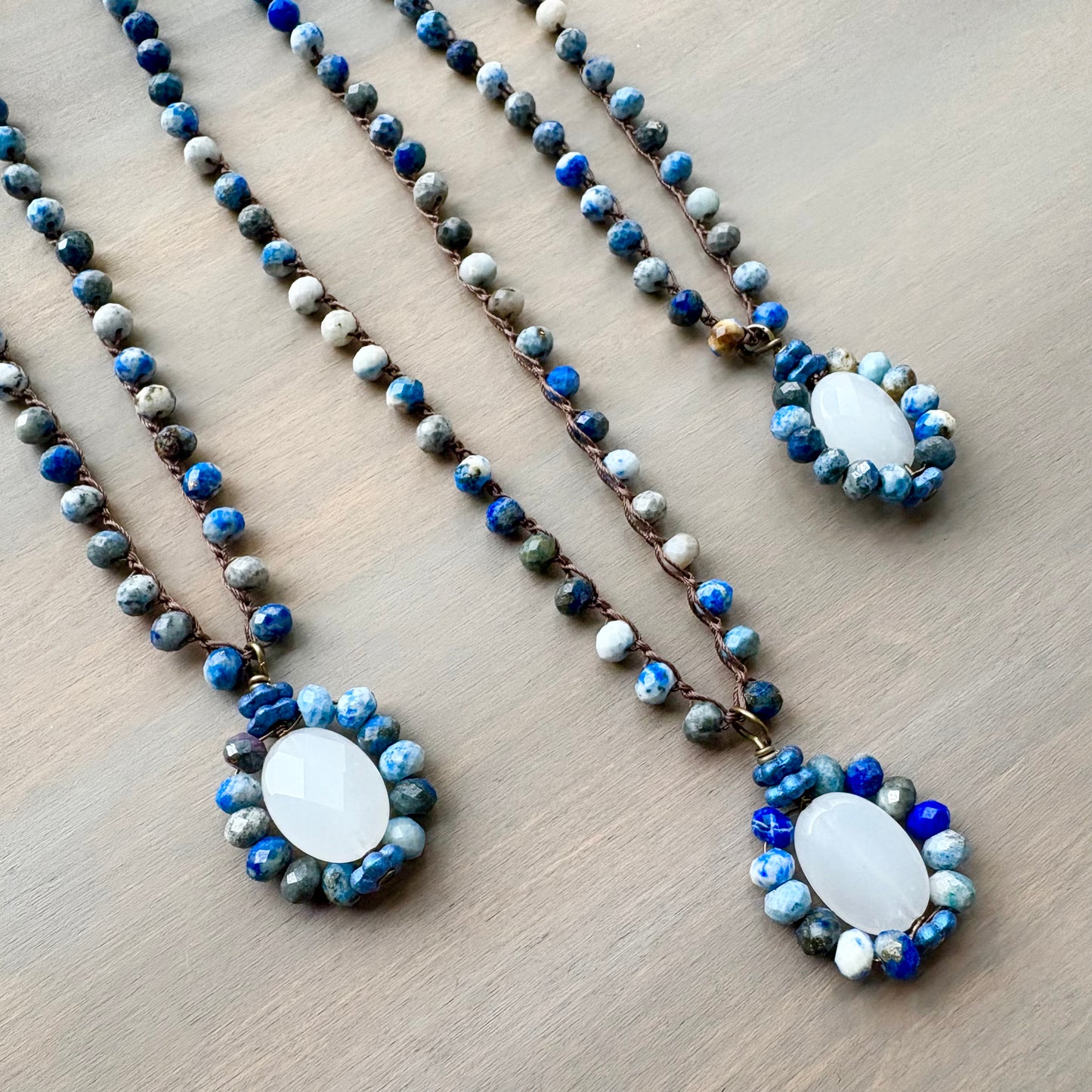 Faceted Blue Agate Stone Necklace With Handmade White Quartz Pendant