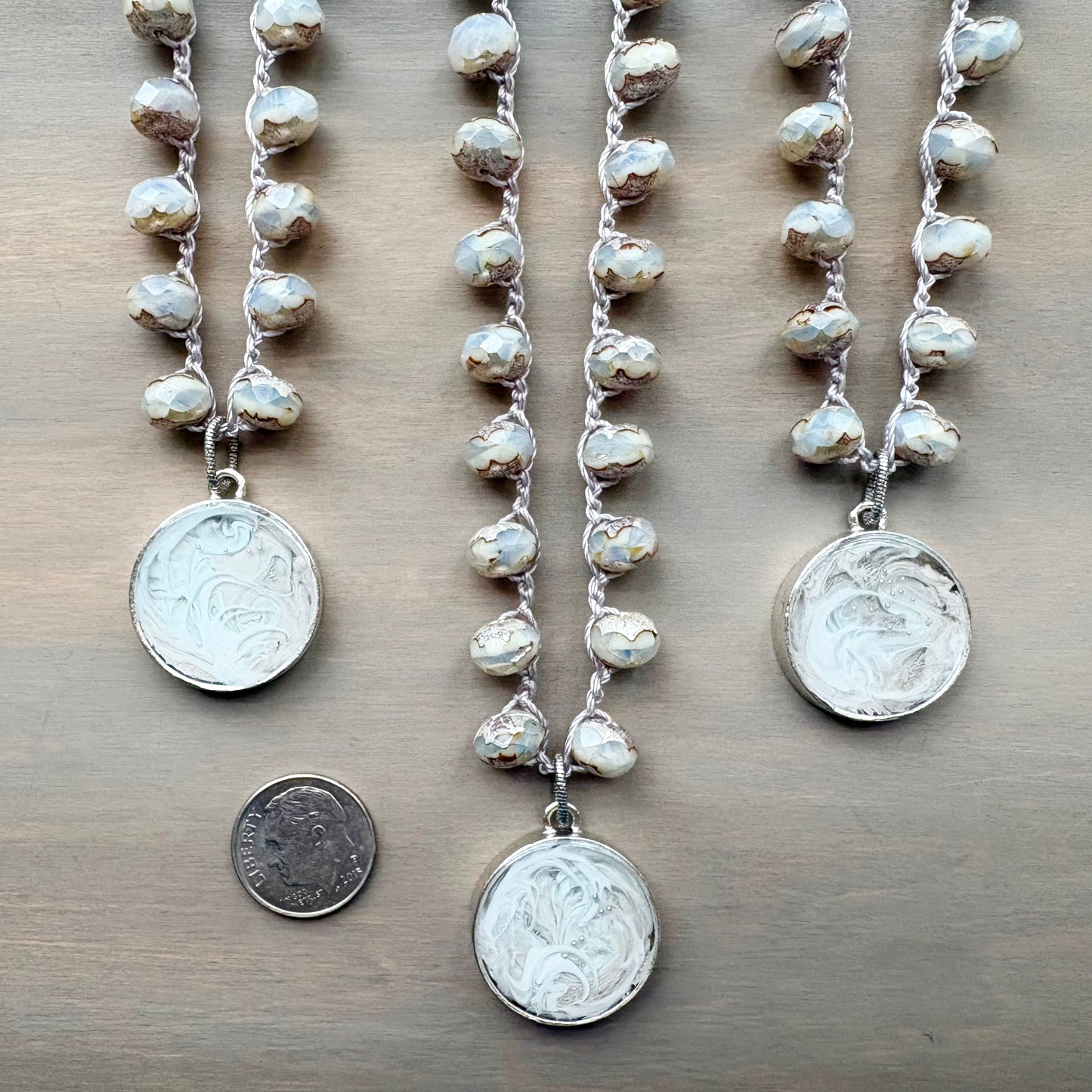 Swirling Blizzard Portal Pendant Crocheted Necklace With Frosty Crystals