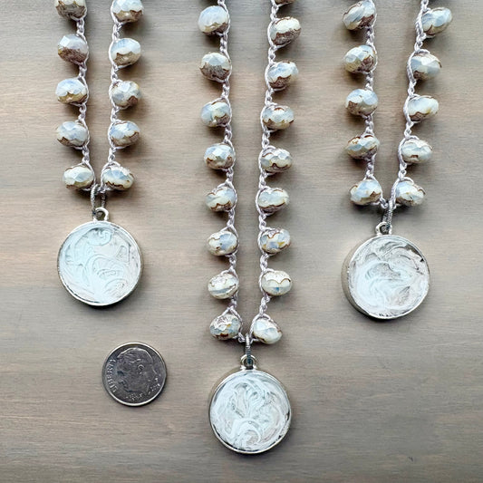 Swirling Blizzard Portal Pendant Crocheted Necklace With Frosty Crystals