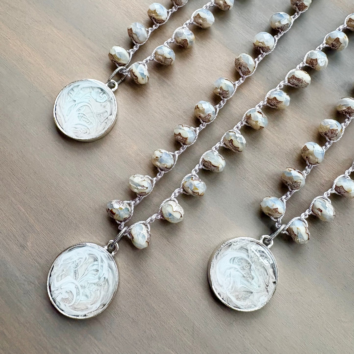 Swirling Blizzard Portal Pendant Crocheted Necklace With Frosty Crystals