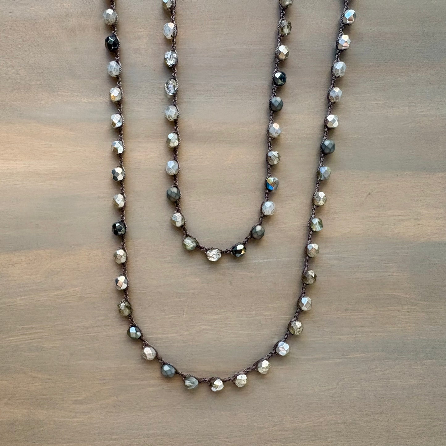 Silver Mix Crystal Long Layering Crocheted Necklace