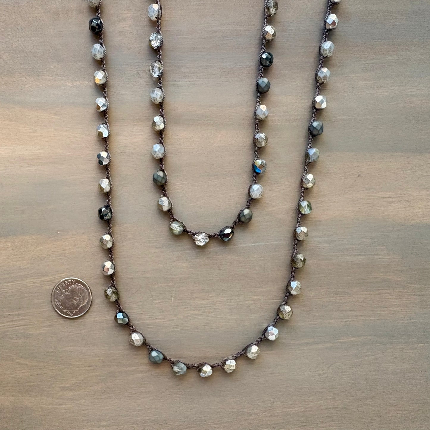 Silver Mix Crystal Long Layering Crocheted Necklace