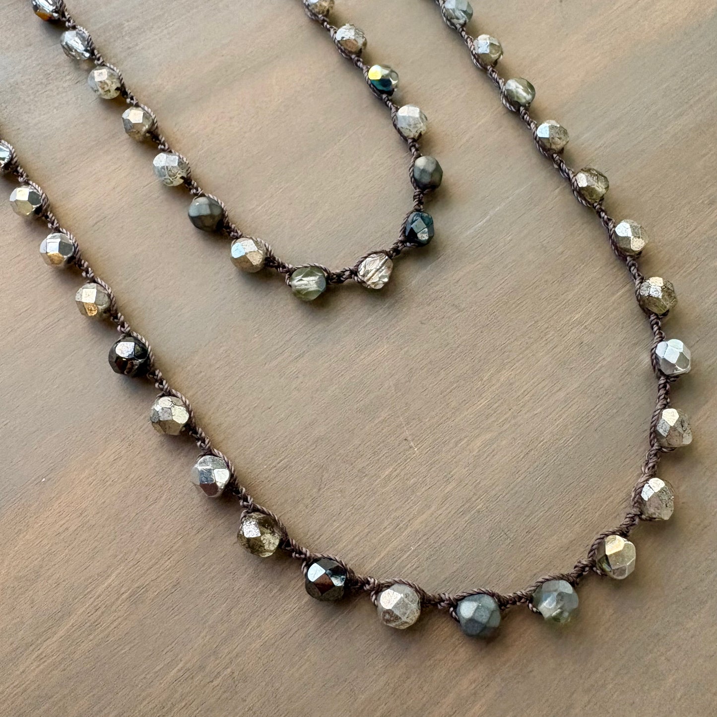Silver Mix Crystal Long Layering Crocheted Necklace