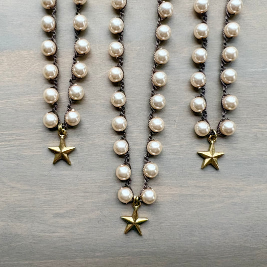 Guiding Star Pendant Necklace With Crocheted Glass Pearl Strand