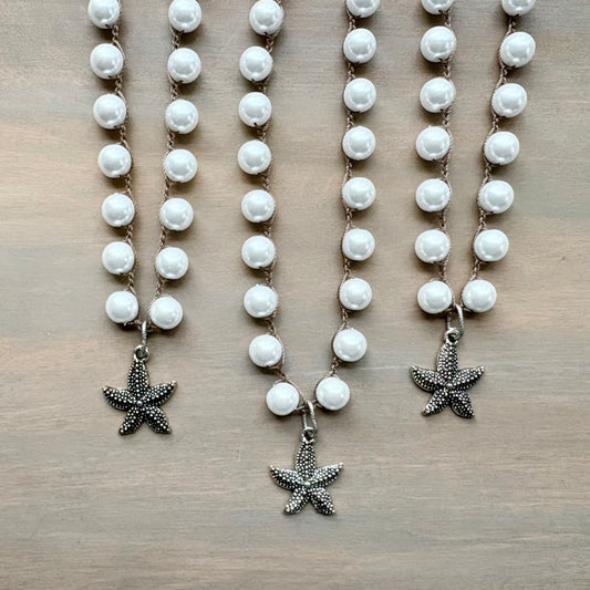 Crochetd Glass Pearl Beach Necklace with Sparkling Starfish Charm